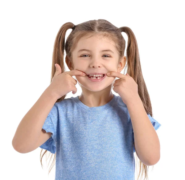 Little Girl Training Pronounce Letters White Background — Stock Photo, Image