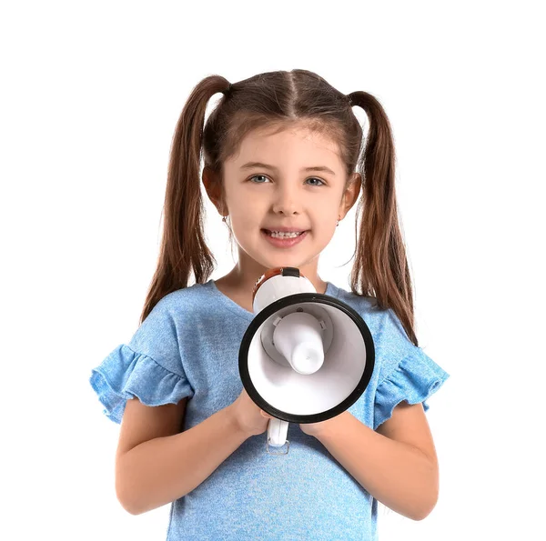 Menina Com Megafone Treinamento Pronunciar Letras Sobre Fundo Branco — Fotografia de Stock