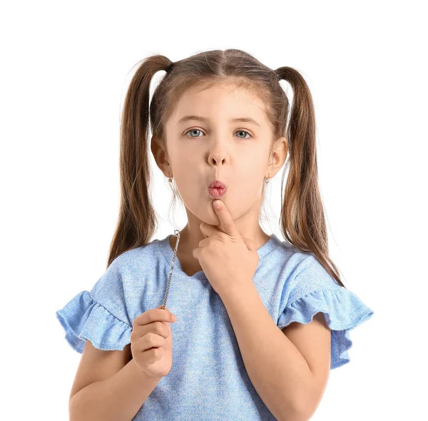 Little Girl Logopedic Tool Speech Correction White Background — Stock Photo, Image