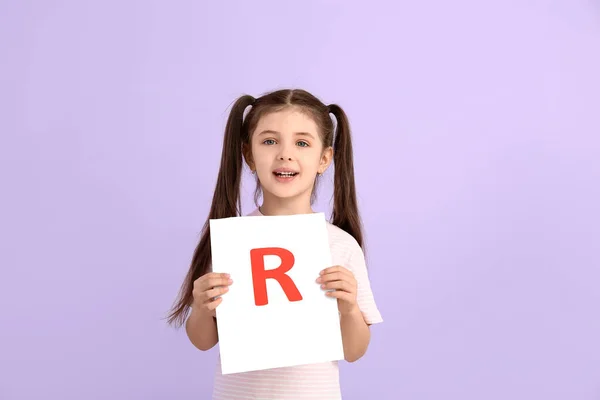 Little Girl Holding Paper Sheet Letter Color Background — Stock Photo, Image