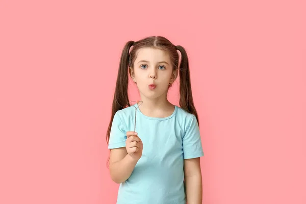 Little Girl Logopedic Tool Speech Correction Color Background — Stock Photo, Image