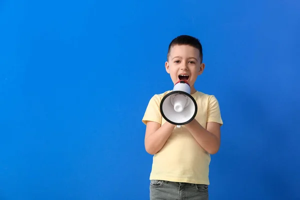Little Boy Megaphone Training Pronounce Letters Color Background — Stock Photo, Image