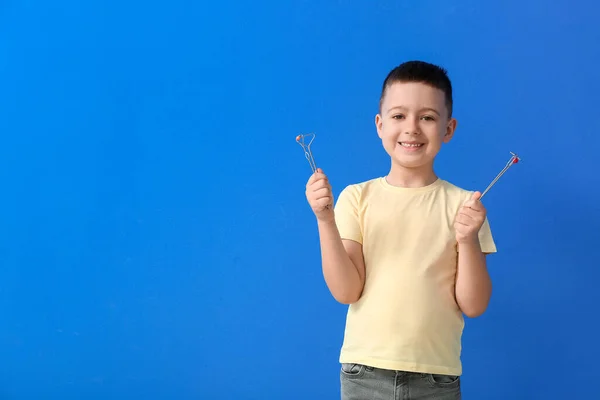 Little Boy Logopedic Tools Speech Correction Color Background — Stock Photo, Image