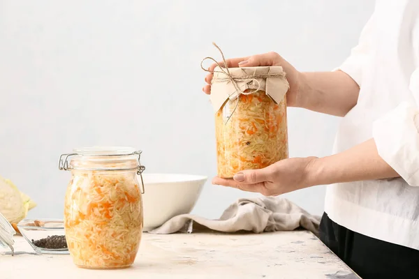 Woman Glass Jar Tasty Sauerkraut Table Kitchen — 스톡 사진