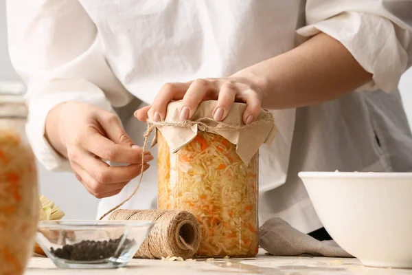 Woman Preparing Tasty Sauerkraut Fermentation Table Kitchen Closeup — 스톡 사진