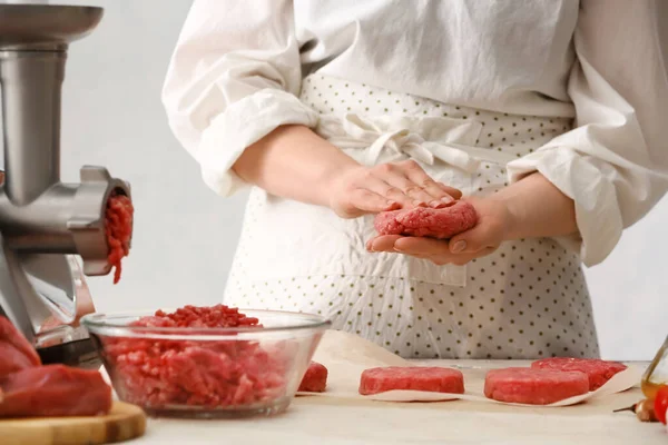 Woman Preparing Tasty Cutlets Made Fresh Forcemeat Table Kitchen Closeup — Stock Photo, Image