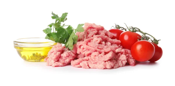 Φρέσκο Forcemeat Και Συστατικά Λευκό Φόντο — Φωτογραφία Αρχείου