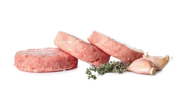 Raw Cutlets Made Fresh Forcemeat Spices White Background — Stock Photo, Image