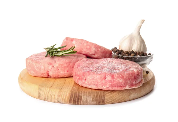 Wooden Board Raw Cutlets Made Fresh Forcemeat Spices White Background — Stock Photo, Image