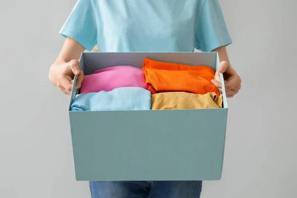 Woman Wardrobe Box Clothes Light Background — Stock Photo, Image