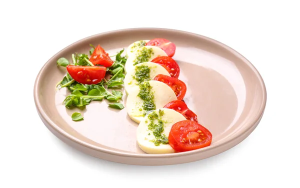 Plate Tasty Caprese Salad Pesto Sauce White Background — Stock Photo, Image