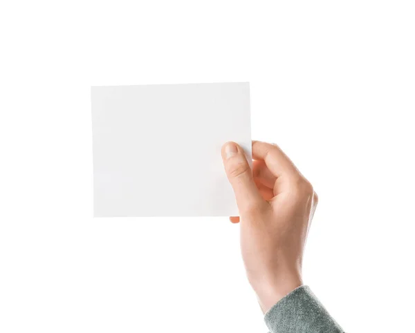 Frau Hält Leeres Blatt Papier Auf Weißem Hintergrund — Stockfoto