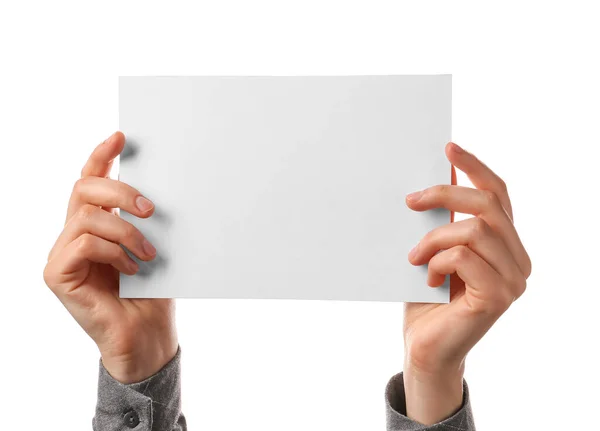 Woman Holding Blank Sheet Paper White Background — Stock Photo, Image