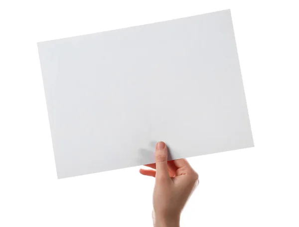 Frau Hält Leeres Blatt Papier Auf Weißem Hintergrund — Stockfoto