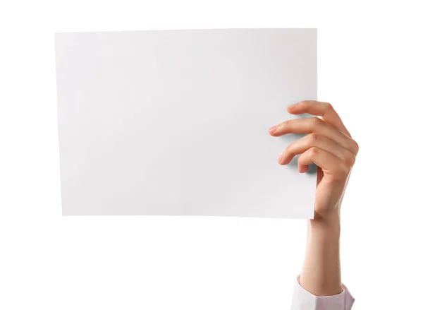 Woman Holding Blank Sheet Paper White Background — Stock Photo, Image
