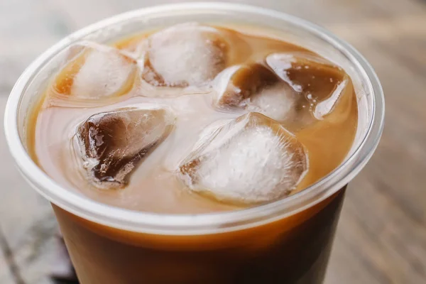 Plastic Cup Ice Coffee Wooden Background Closeup — Stock Photo, Image