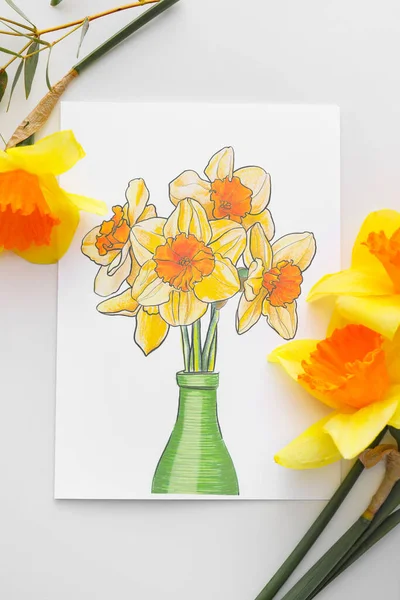 Beautiful Daffodils Greeting Card White Background — Stock Photo, Image