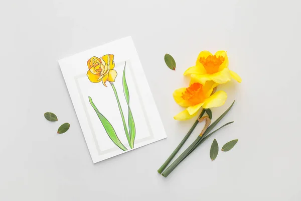 Hermosos Narcisos Tarjeta Felicitación Sobre Fondo Blanco —  Fotos de Stock