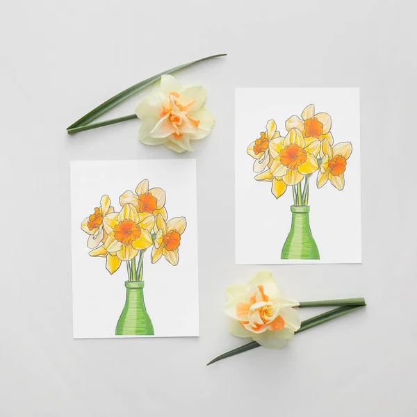 Hermosos Narcisos Tarjetas Felicitación Sobre Fondo Blanco — Foto de Stock