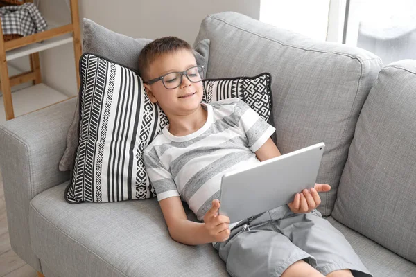 Cute Boy Watching Cartoons Home — Stock Photo, Image