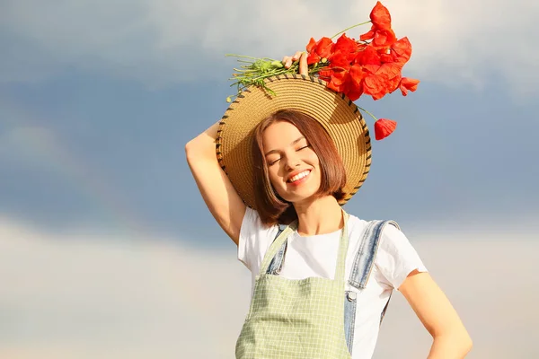 Beautiful Female Farmer Bouquet Poppy Flowers Field — Stock Photo, Image