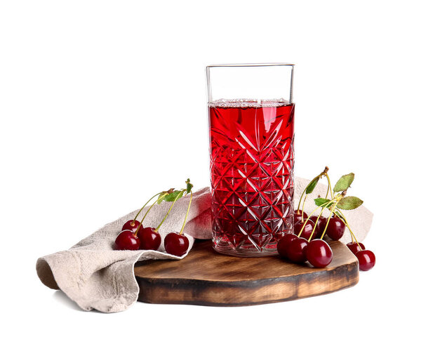 Board with glass of sweet cherry wine on white background