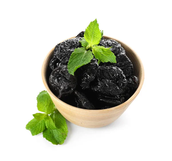 Bowl Tasty Prunes White Background — Stock Photo, Image