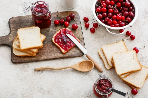 Bread Tasty Cherry Jam Table — Stock Photo, Image