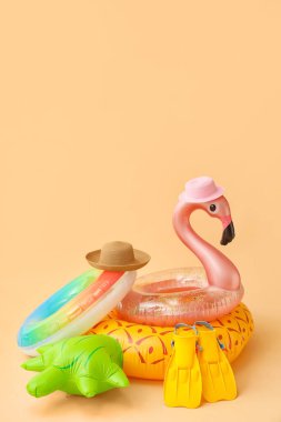 Renkli arka planda şişirilebilir halkalar, şapkalar ve paletler