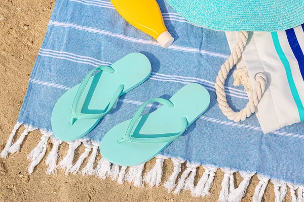 Stylish Flip Flops Beach Accessories Sand Closeup — Stock Photo, Image