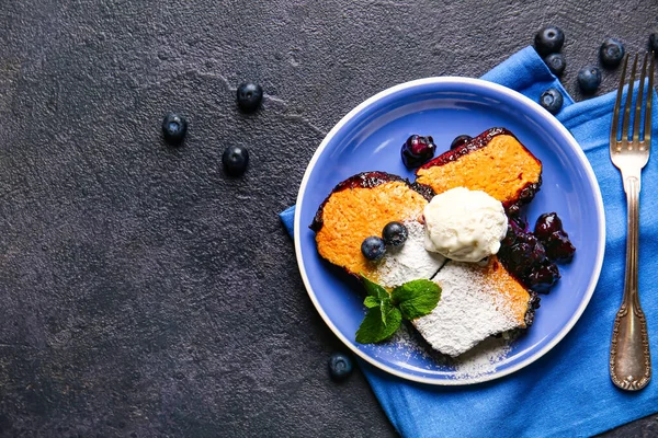 Plate Pieces Blueberry Cobbler Ice Cream Dark Background — Stock Photo, Image