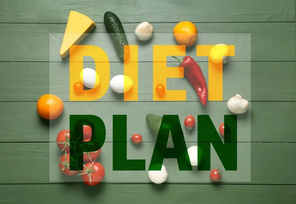 Fresh Products Text Diet Plan Color Wooden Background — Stock Photo, Image