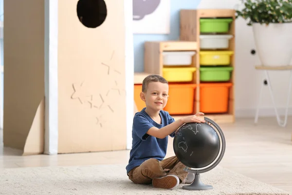 Cute Little Boy Playing Globe Home — Stock Photo, Image