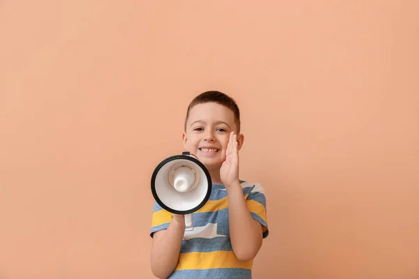 Little Boy Megaphone Training Pronounce Letters Color Background — Stock Photo, Image