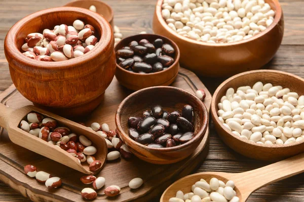 Different Types Beans Wooden Background — Stock Photo, Image