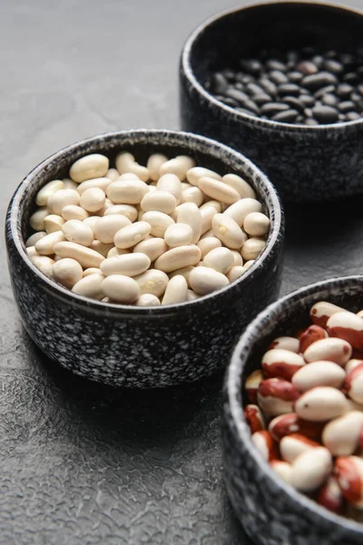 Bowls Raw Beans Dark Background Closeup — Stock Photo, Image