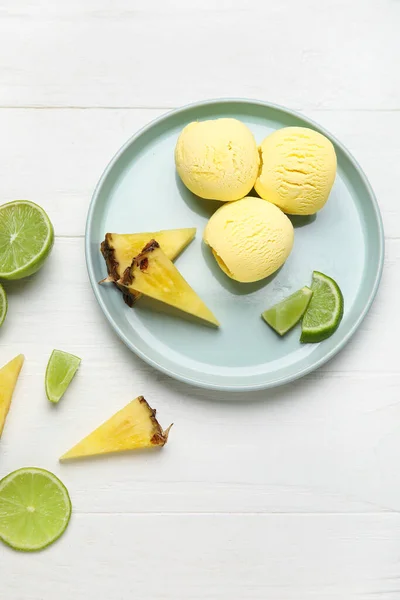 Plate Tasty Pineapple Ice Cream Lime Light Wooden Background — Stock Photo, Image