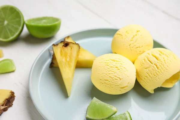 Plate Tasty Pineapple Ice Cream Lime Light Wooden Background Closeup — Stock Photo, Image