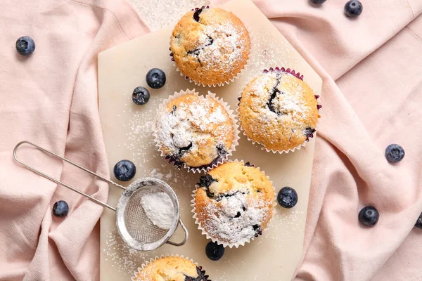 Composition Tasty Blueberry Muffins Fabric Background — Stock Photo, Image