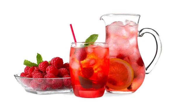 Glass Jug Tasty Raspberry Lemonade White Background — Stock Photo, Image