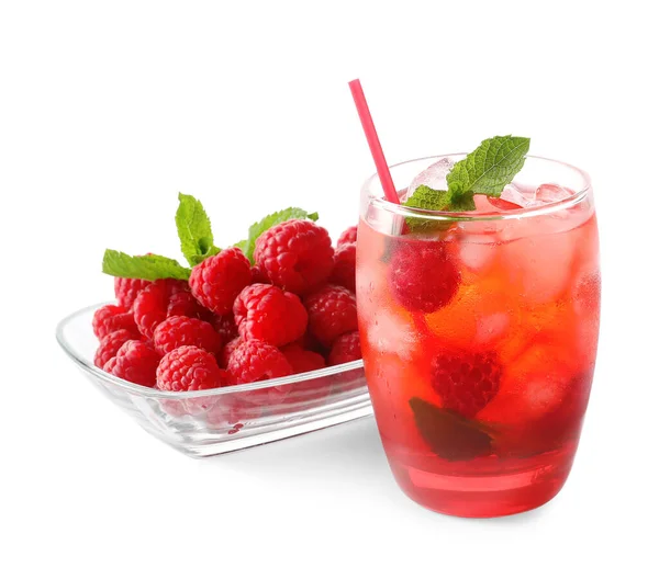 Glass Tasty Lemonade Bowl Raspberry White Background — Stock Photo, Image