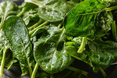 Taze ıspanak yapraklı tabak, yakın plan.