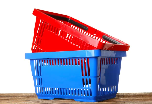 Shopping Baskets Table White Background — Stock Photo, Image