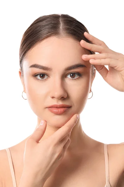 Beautiful Young Woman Massaging Her Face White Background — Stock Photo, Image