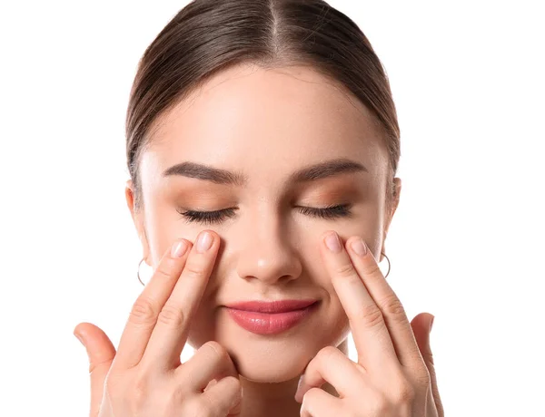 Beautiful Young Woman Massaging Her Face White Background — Stock Photo, Image