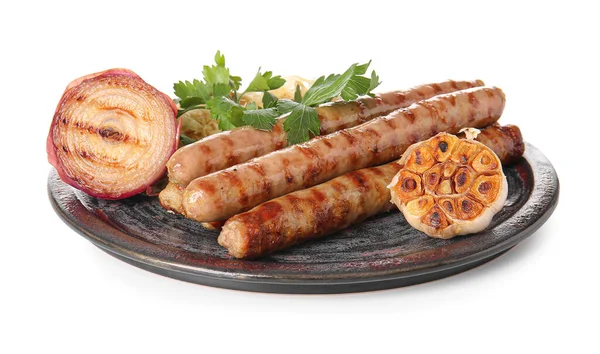 Plate Tasty Grilled Sausages Vegetables White Background — Stock Photo, Image