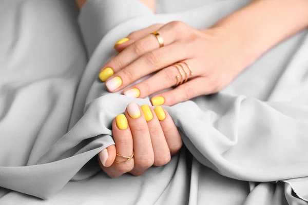 Female Hands Beautiful Manicure Fabric Closeup — Stock Photo, Image