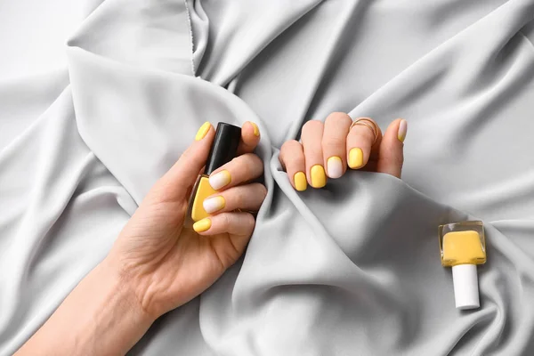 Female Hands Beautiful Manicure Nail Polishes Fabric Closeup — Stock Photo, Image