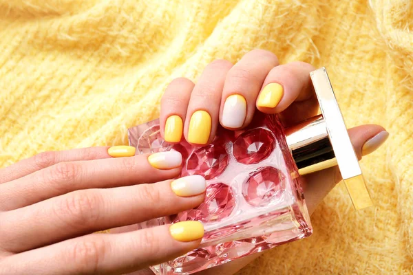 Woman Beautiful Manicure Holding Bottle Perfume Color Fabric Background Closeup — Stock Photo, Image