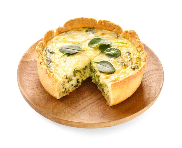 Piatto Con Gustosa Crostata Spinaci Sfondo Bianco — Foto Stock